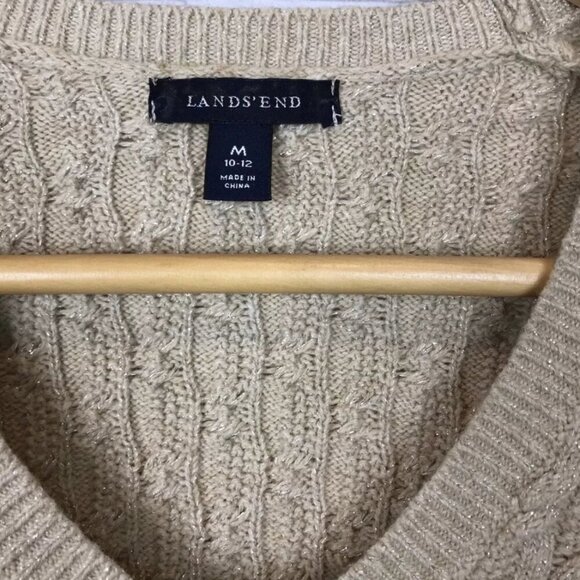 Lands End Metallic Cable Knit V-Neck Sweater Women’s M Gold Long Sleeve Pullover - Picture 6 of 7
